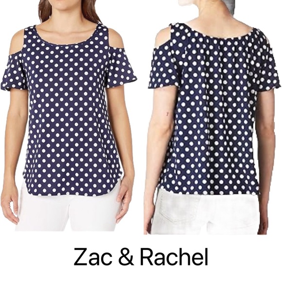 Zac & Rachel Off Shoulder Front Pleat Loose Fit Blouse (XL) Navy Polka Dot - Picture 7 of 10